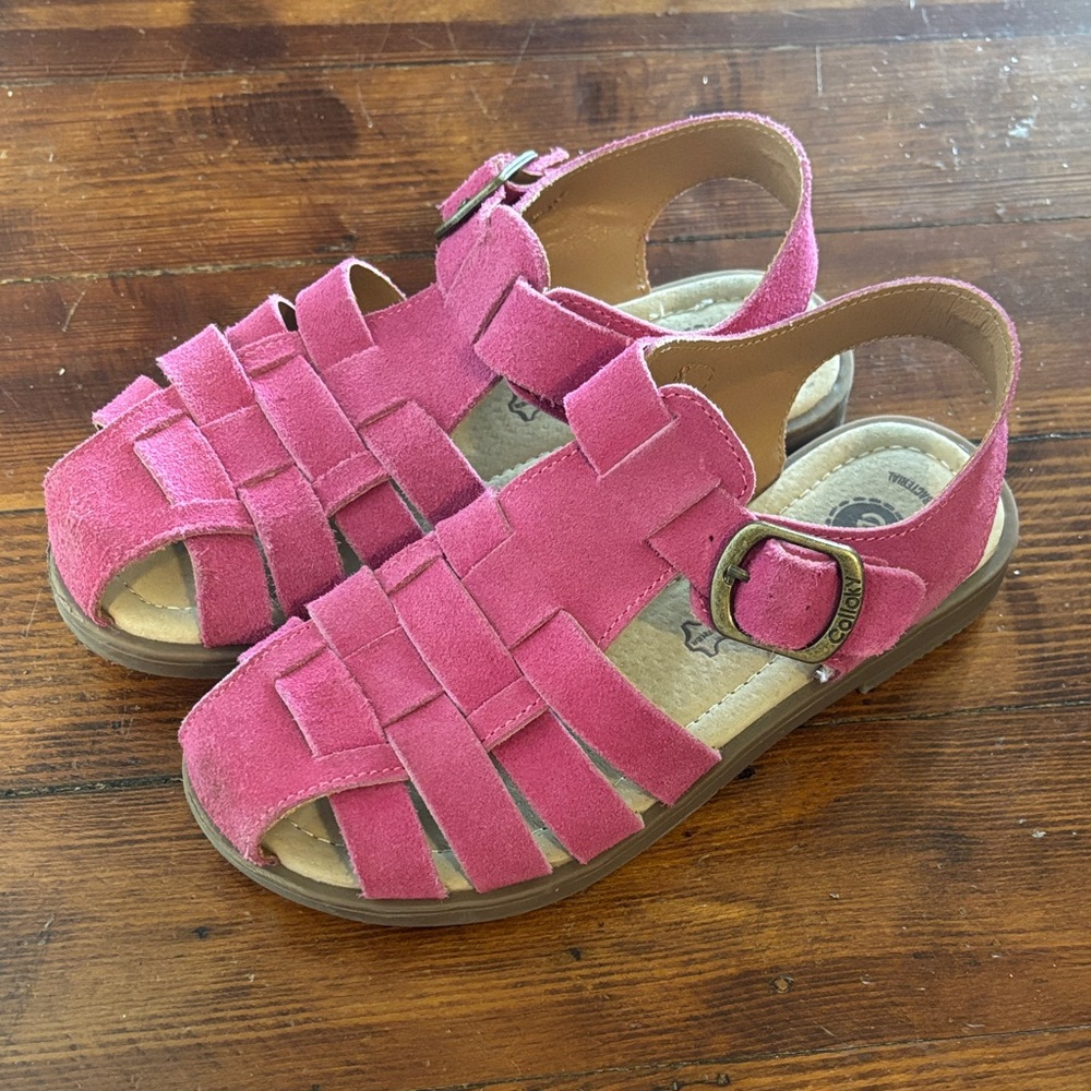 Girls Pink Suede Woven Strap Sandals with Buckle